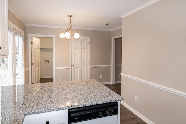 kitchen with pendant lighting, dishwasher, white cabinetry, dark hardwood / wood-style floors, and light stone countertops