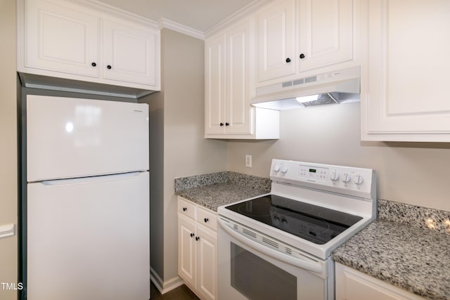 kitchen featuring white cabinetry, white appliances, and light stone counters