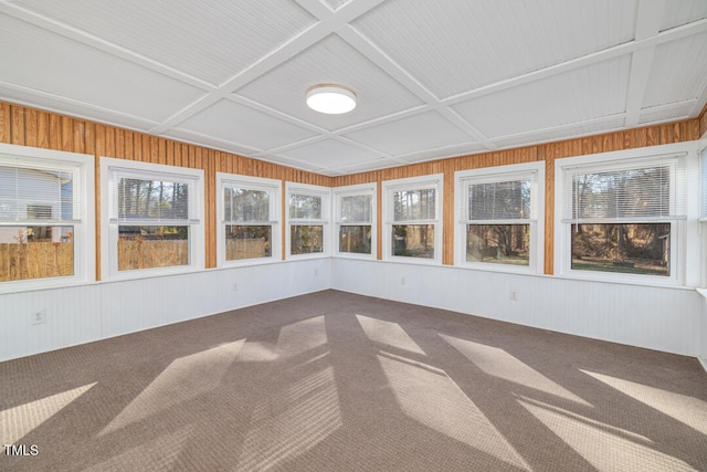 unfurnished sunroom featuring coffered ceiling