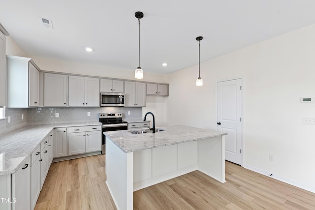 kitchen with light stone countertops, an island with sink, appliances with stainless steel finishes, and sink