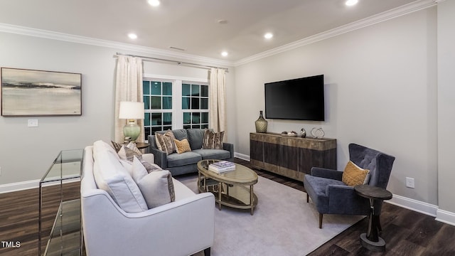 living room with dark hardwood / wood-style flooring and crown molding