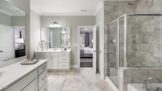 bathroom with ornamental molding, plus walk in shower, and vanity