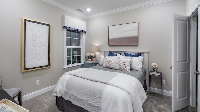 carpeted bedroom with ornamental molding