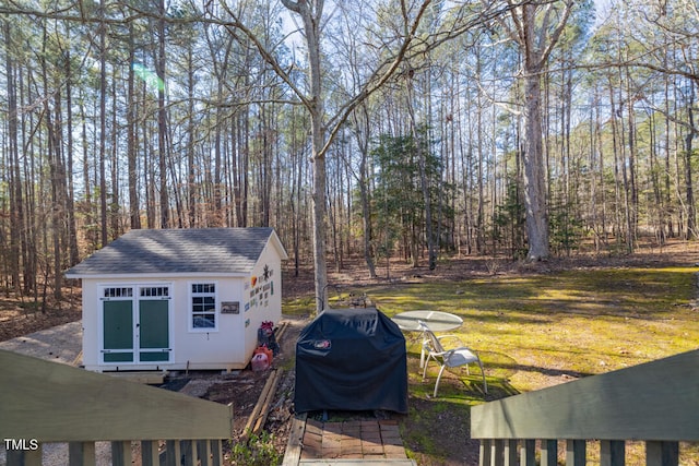 view of yard with a storage shed