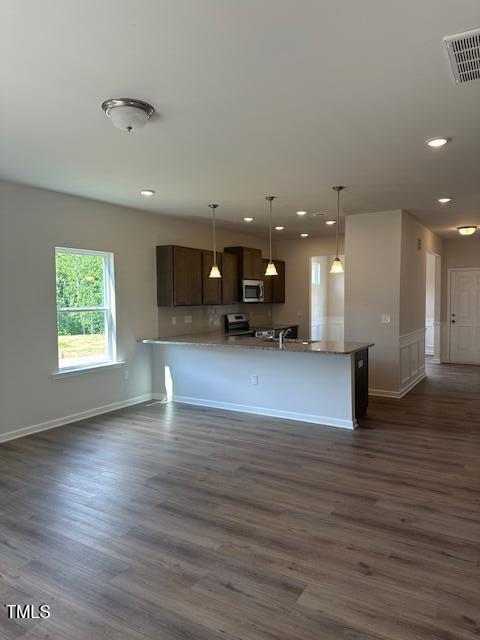 142 Vega Loop, Sanford, NC 27330 - kitchen with appliances with stainless steel finishes, dark wood-type flooring, a peninsula, recessed lighting, and decorative light fixtures