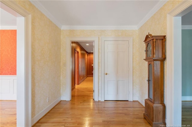 hallway featuring ornamental molding and light wood-type flooring