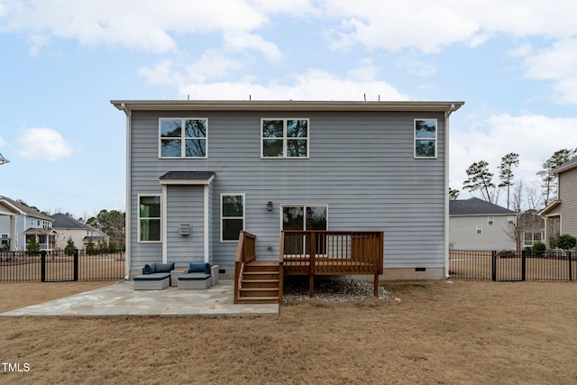 back of house with a wooden deck, a yard, a patio area, and outdoor lounge area