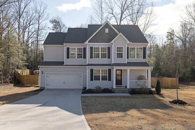 front facade with a porch and a garage