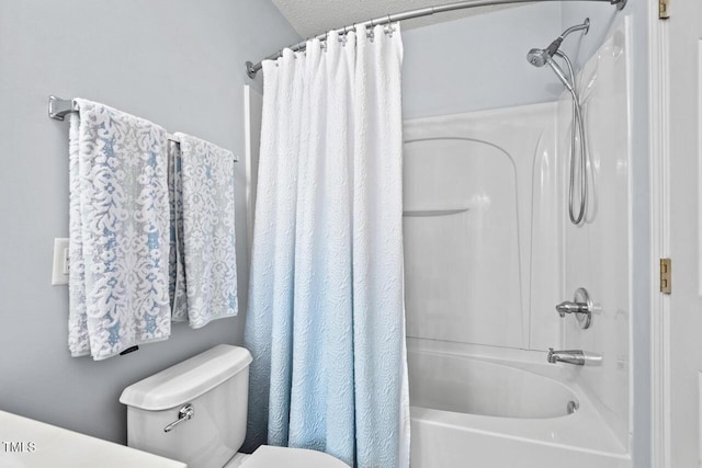 bathroom with shower / tub combo, a textured ceiling, and toilet