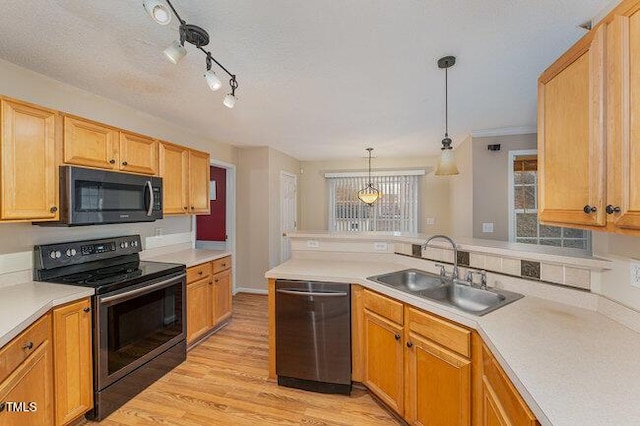 kitchen with sink, hanging light fixtures, dishwasher, stainless steel electric stove, and light hardwood / wood-style floors