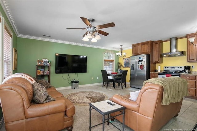 living room with ornamental molding and ceiling fan with notable chandelier