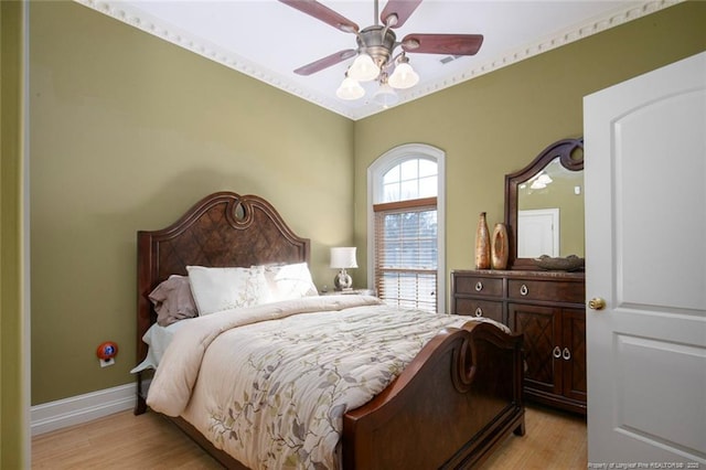 bedroom featuring ceiling fan and light hardwood / wood-style floors