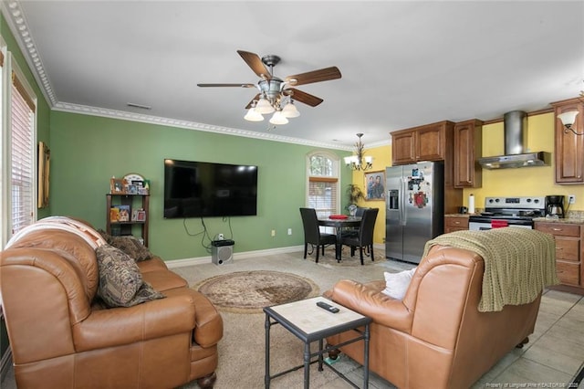 5304 Pineview Rd, Lumberton, NC 28360 - living room with ceiling fan, a chandelier, and crown molding