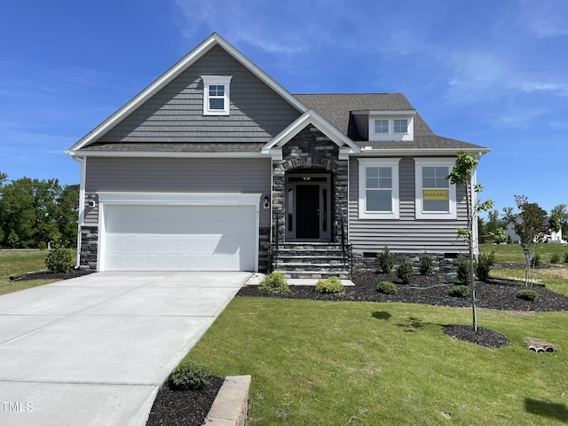 82 N Stagecoach Dr, Wendell, NC 27591 - craftsman inspired home featuring a front lawn, concrete driveway, stone siding, and roof with shingles