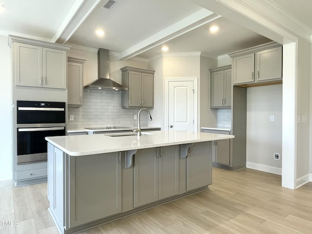 82 N Stagecoach Dr, Wendell, NC 27591 - kitchen featuring wall chimney range hood, gray cabinets, black appliances, backsplash, and beamed ceiling