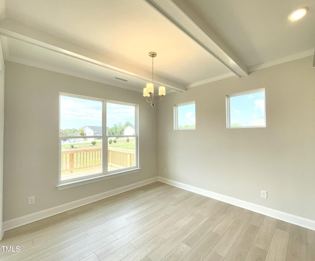 82 N Stagecoach Dr, Wendell, NC 27591 - unfurnished room featuring beamed ceiling, a chandelier, and light wood-style floors