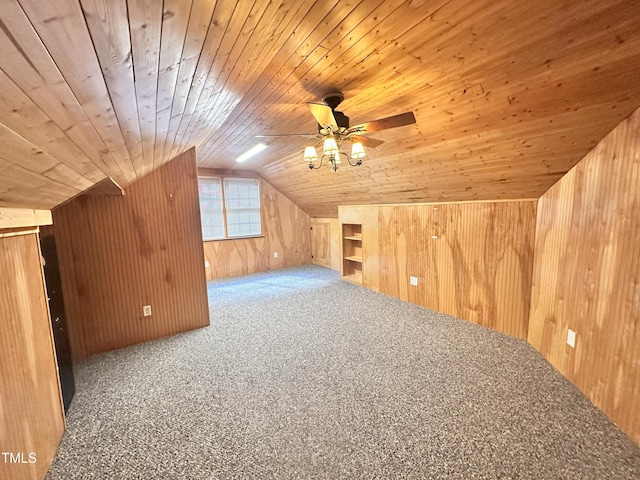 2934 Appaloosa Ct, Graham, NC 27253 - additional living space with wood walls, wood ceiling, carpet, lofted ceiling, and a ceiling fan