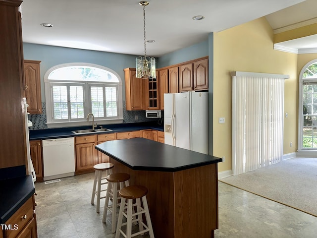 2934 Appaloosa Ct, Graham, NC 27253 - kitchen featuring white appliances, a sink, dark countertops, backsplash, and recessed lighting