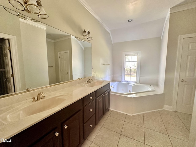 2934 Appaloosa Ct, Graham, NC 27253 - full bath featuring crown molding, double vanity, a jetted tub, and tile patterned floors
