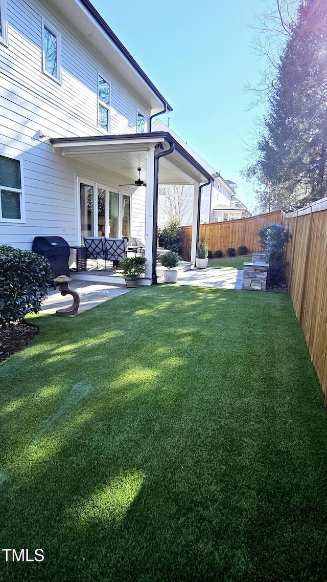 view of yard with a patio area and a fenced backyard