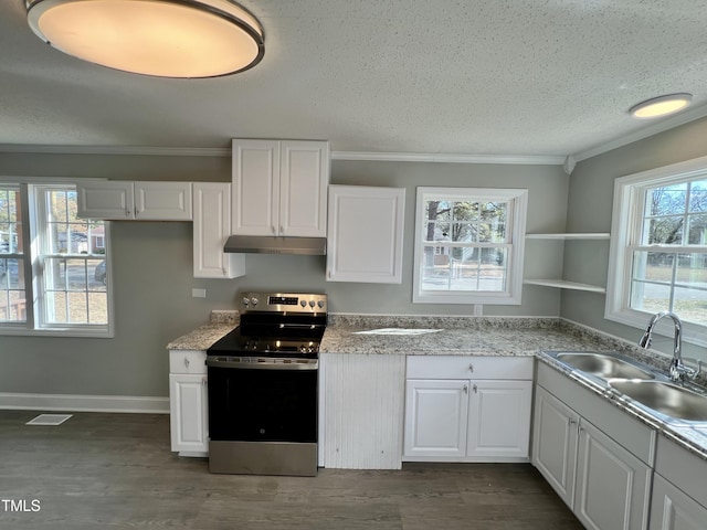 kitchen featuring sink, electric range, dark hardwood / wood-style floors, and white cabinets