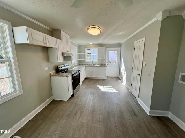 kitchen with electric stove, sink, crown molding, hardwood / wood-style flooring, and white cabinetry