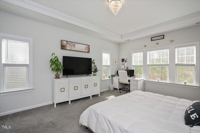 bedroom featuring crown molding, baseboards, and carpet floors