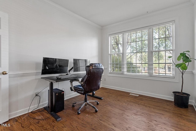 office area featuring hardwood / wood-style floors and crown molding