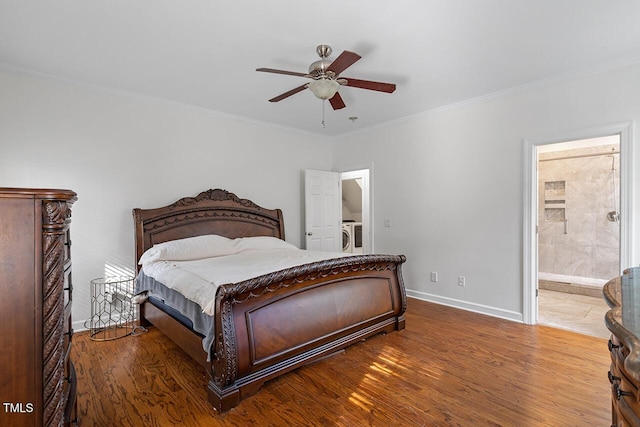 bedroom featuring crown molding, hardwood / wood-style floors, ceiling fan, and ensuite bathroom