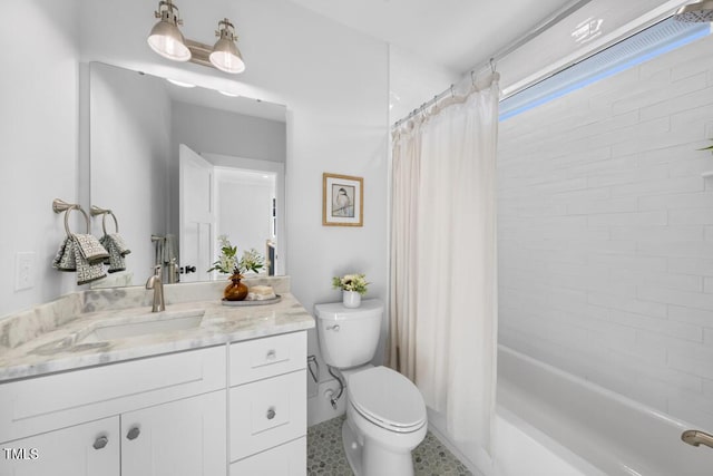 full bathroom featuring shower / bath combination with curtain, vanity, toilet, and tile patterned flooring