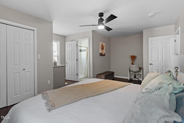 bedroom with dark hardwood / wood-style flooring, connected bathroom, a closet, and ceiling fan