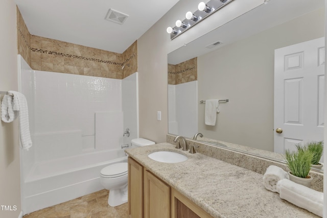 bathroom with shower / bathing tub combination, visible vents, toilet, and vanity