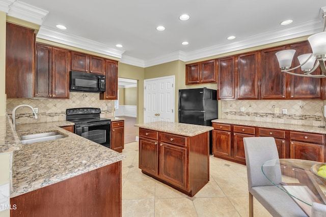 kitchen with black appliances, a sink, light stone counters, light tile patterned floors, and dark brown cabinets