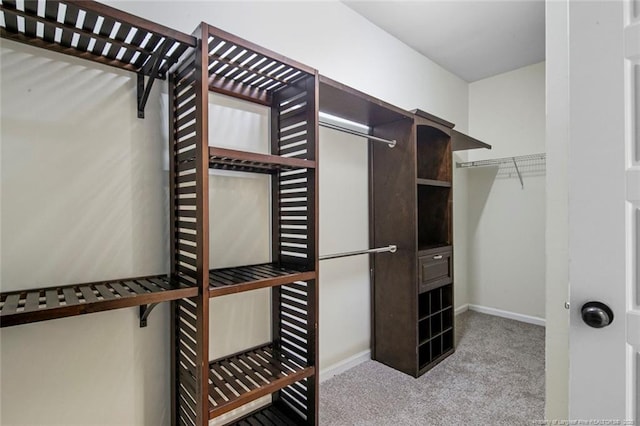 walk in closet with light carpet