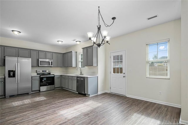 kitchen with sink, gray cabinets, appliances with stainless steel finishes, hanging light fixtures, and dark hardwood / wood-style floors