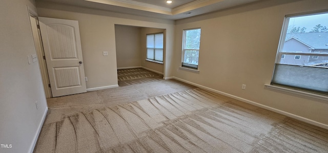 carpeted spare room with crown molding and a raised ceiling