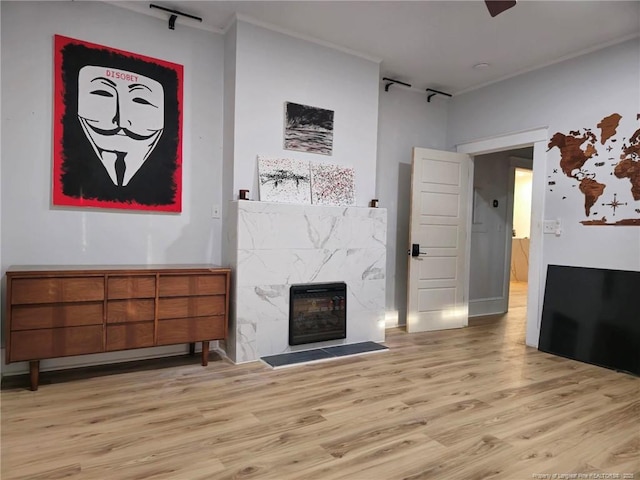 living room featuring ornamental molding, a high end fireplace, and light hardwood / wood-style floors