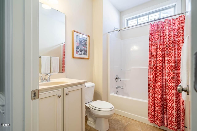 full bathroom with vanity, tile patterned floors, shower / bath combo with shower curtain, and toilet