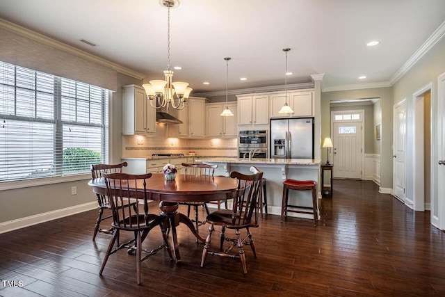 dining area featuring a notable chandelier, crown molding, and dark hardwood / wood-style floors