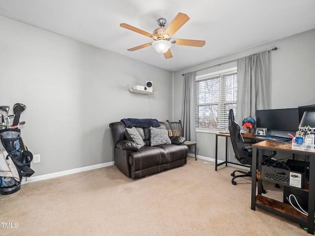 office with ceiling fan and light colored carpet