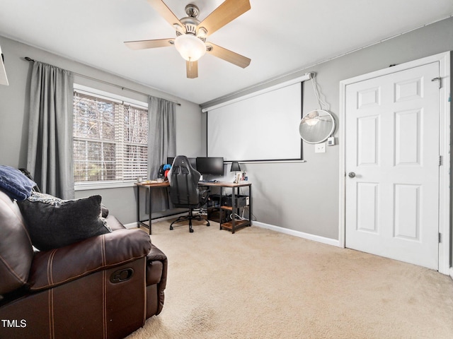 office space featuring carpet and ceiling fan