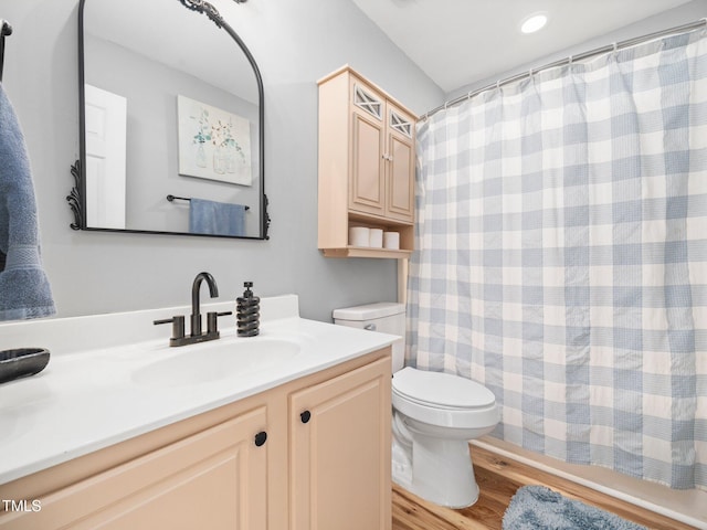 bathroom with vanity, wood-type flooring, a shower with shower curtain, and toilet