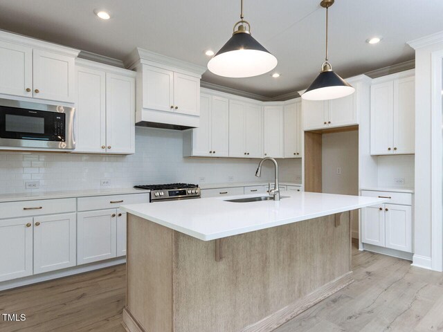 1813 Bright Lantern Way, Wendell, NC 27591 - kitchen featuring stainless steel appliances, a sink, light wood-style floors, tasteful backsplash, and recessed lighting