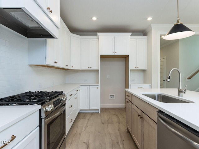 1813 Bright Lantern Way, Wendell, NC 27591 - kitchen with appliances with stainless steel finishes, under cabinet range hood, a sink, light wood-style floors, and pendant lighting