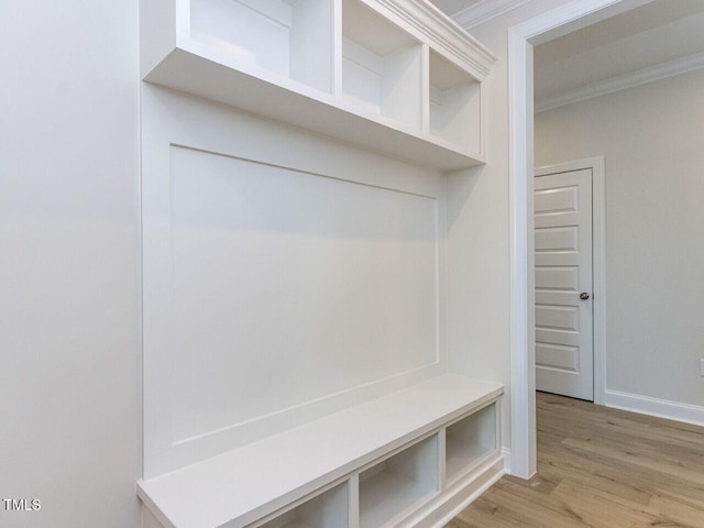 1813 Bright Lantern Way, Wendell, NC 27591 - mudroom featuring crown molding, light wood-type flooring, and baseboards
