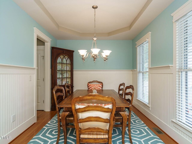 dining space featuring a raised ceiling, a healthy amount of sunlight, and hardwood / wood-style flooring