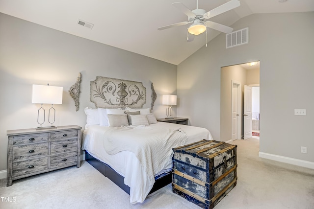 carpeted bedroom featuring high vaulted ceiling and ceiling fan