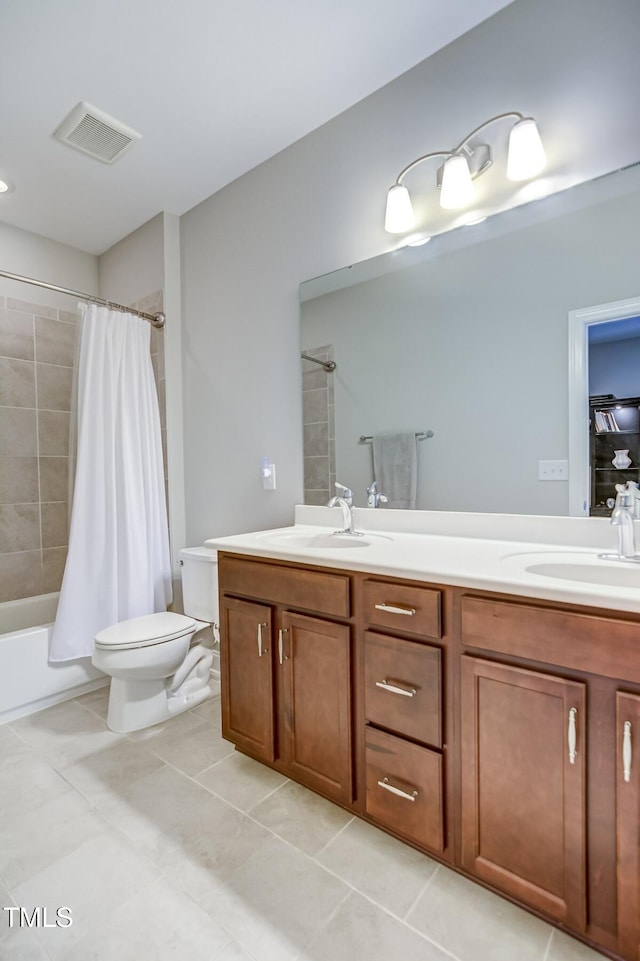 full bathroom with tile patterned flooring, vanity, shower / bathtub combination with curtain, and toilet