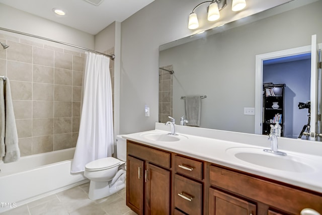 full bathroom with tile patterned flooring, vanity, shower / tub combo with curtain, and toilet