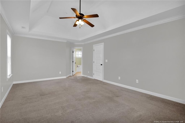 spare room featuring a raised ceiling, crown molding, carpet flooring, and ceiling fan